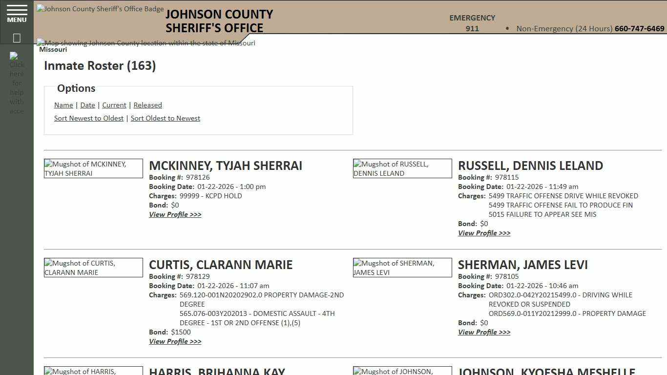 Inmate Roster - Current Inmates Booking Date Descending - Johnson County Sheriff MO