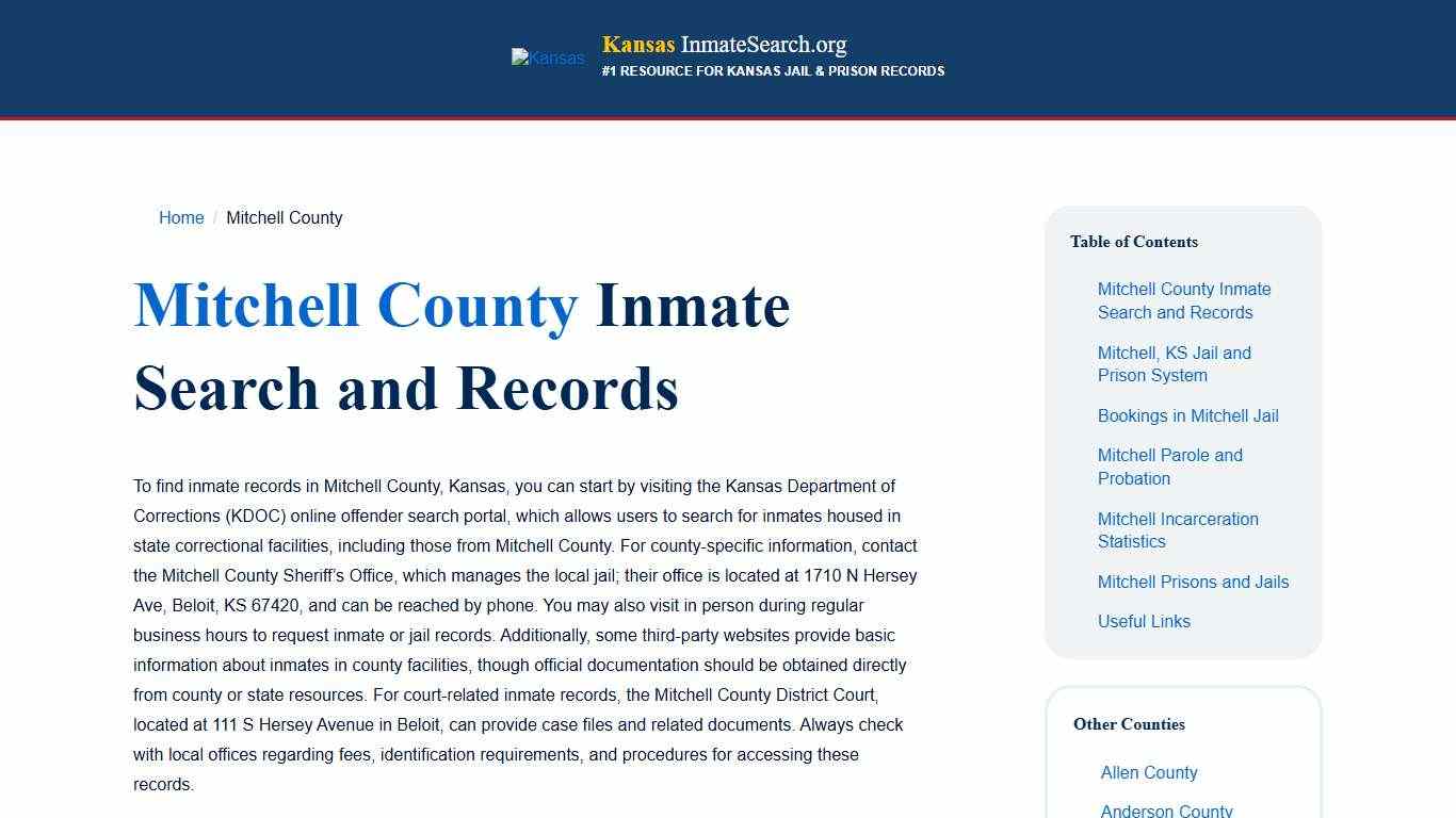 Mitchell County, KS Inmate & Jail Records Lookup